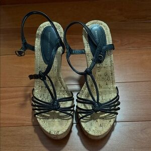 Banana Republic Black Strappy Cork Wedge Sandals